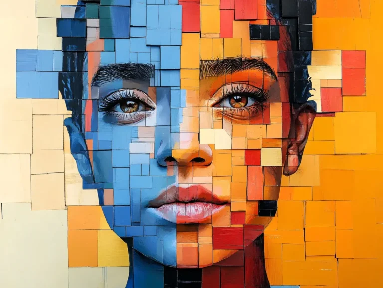 Portrait artistique d'un visage féminin composé de carrés colorés, illustrant la thématique de l'intelligence artificielle et de la complexité humaine dans la production audiovisuelle professionnelle.